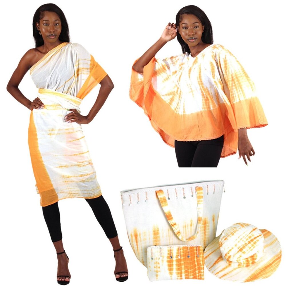 5 Pc - Tie Dye Dashiki, Sarong, Hat,  Handbag and Pouch Set